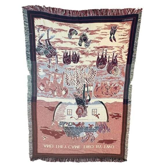 Vintage Noahs Ark Tapestry Blanket ‘And they came two by two’ 1994 fringed - Picture 8 of 9